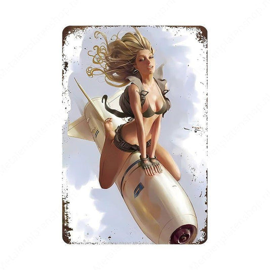 Pin-up Vrouw met Raket - Metalen Wandbord