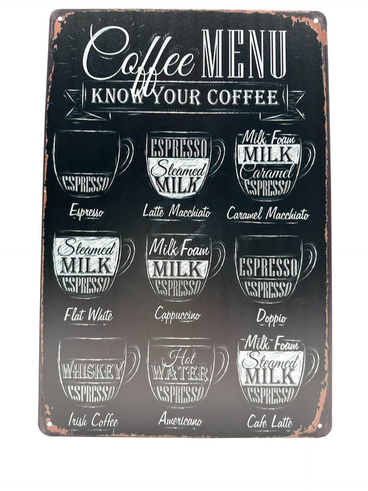 Metal Wall Sign - Coffee Menu