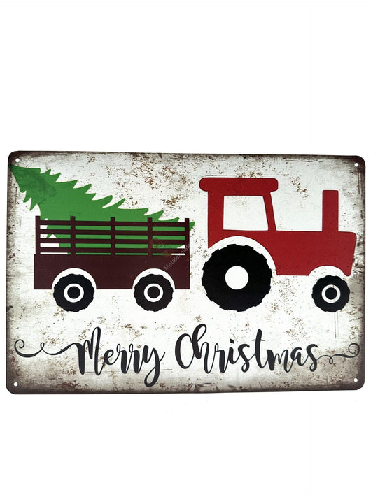 Metalen Wandbord - Merry Christmas Tractor