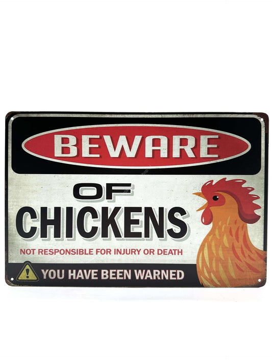 Metalen Wandbord - Beware Of Chickens