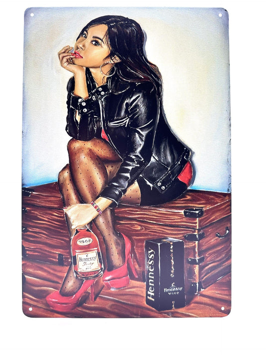 Metal Wall Sign - Woman with bottle of Hennessy Whiskey