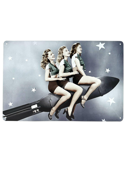 Metalen Wandbord - 3 Vrouwen op Raket