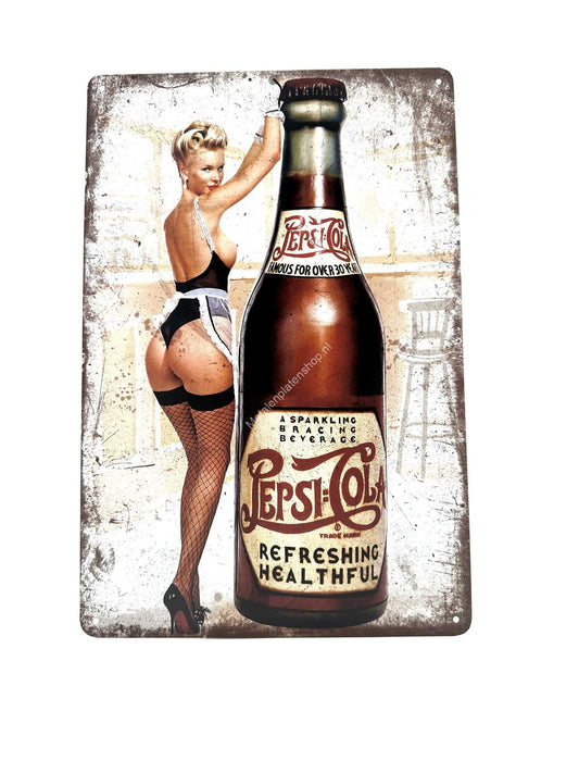 Metalen Wandbord - Vrouw met Vintage Pepsi Cola