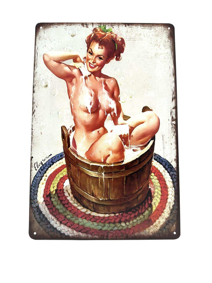 Metal Wall Sign - Woman in laundry barrel