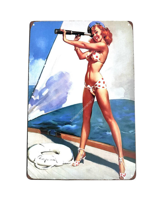 Metal Wall Sign - Woman with binoculars on sailing boat