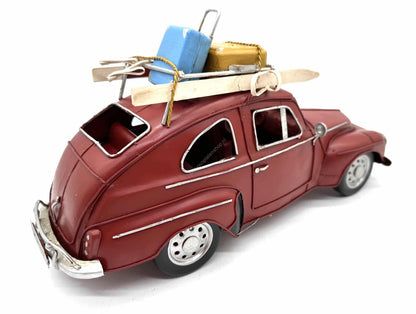 Red car with ski luggage - Metal Vehicle Decoration - 33.5cm