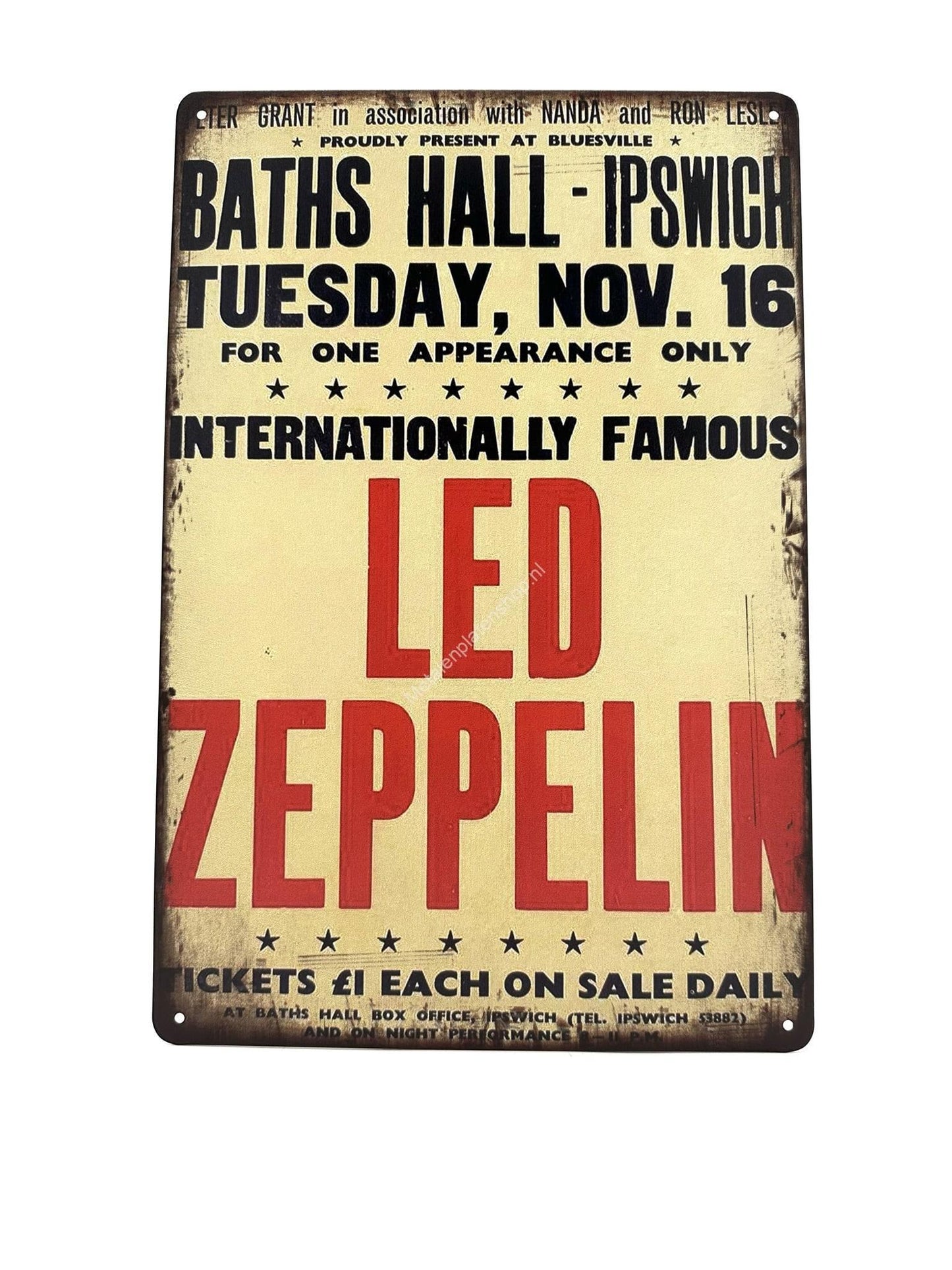 Metalen Wandbord - LED Zeppelin - Baths Hall - Ipswich - Muziek