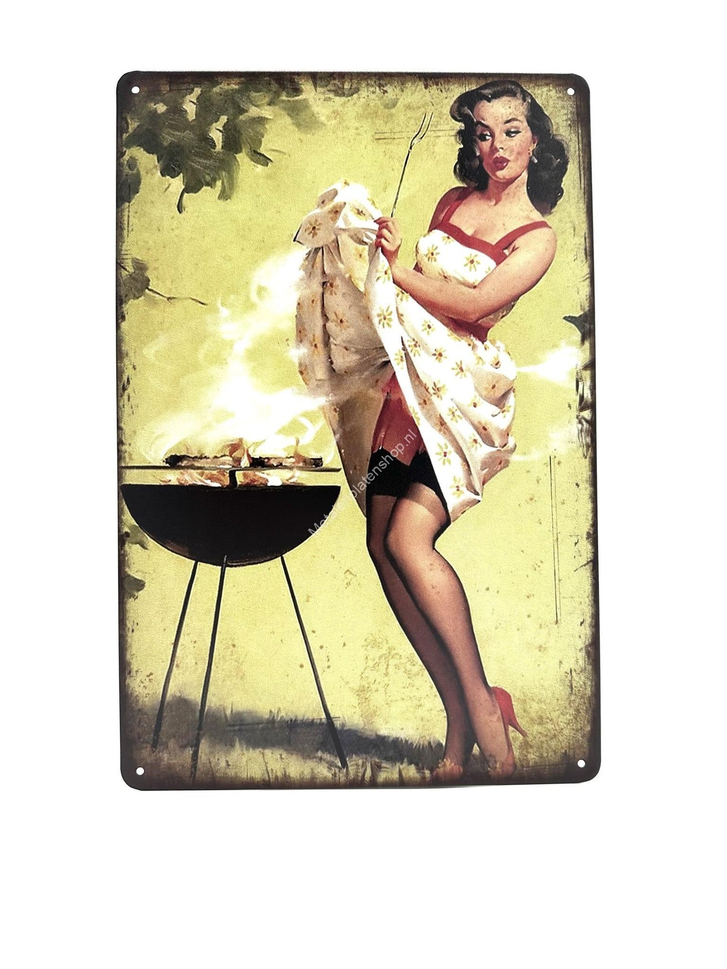 Metalen Wandbord - Vrouw met BBQ