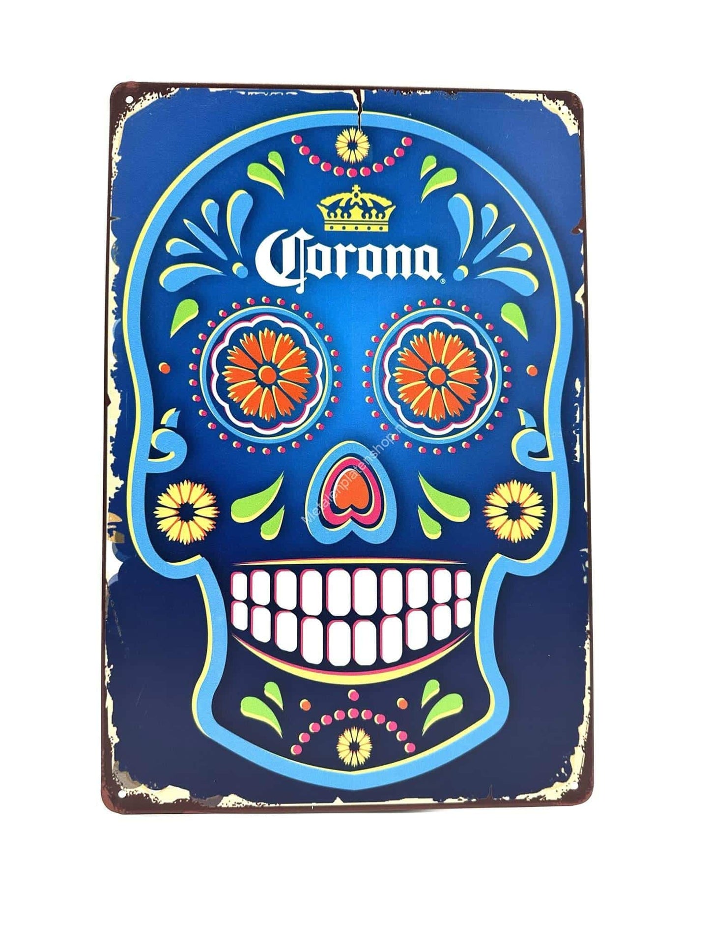 Wandschild aus Metall – Corona Skull – Blau – Bier