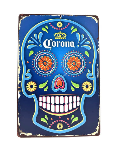 Wandschild aus Metall – Corona Skull – Blau – Bier