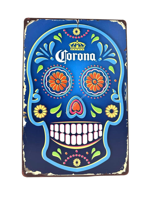 Metal Wall Sign - Corona Skull - Blue - beer