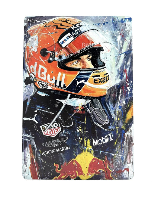 Wandschild aus Metall – Max Verstappen – orangefarbener Helm – Formel 1