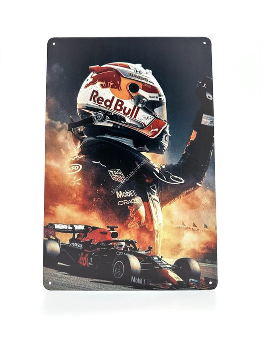 Metalen Wandbord - Max Verstappen - Juichend met Formule 1 auto