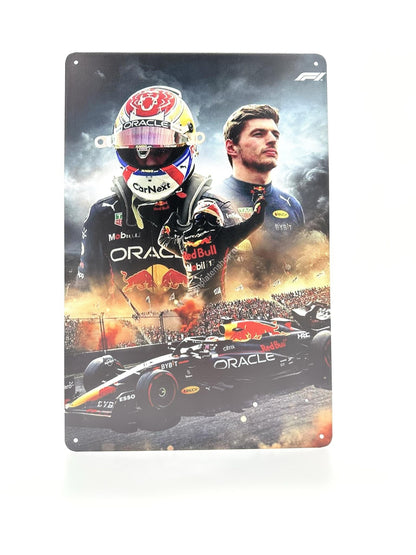 Metalen Wandbord - Max Verstappen - Juichend met Formule 1 auto #2