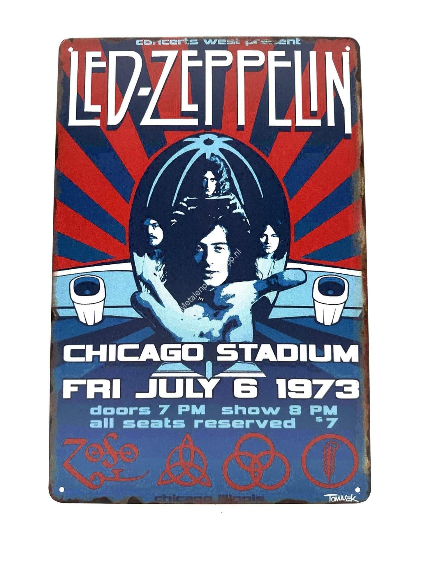 Metallwandschild – Led-Zeppelin – Chicago Stadium – 6. Juli 1973 – Poster