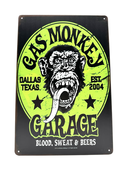 Wandschild aus Metall – Gas Monkey – Garage – Blood Sweat &amp; Beers – Grün