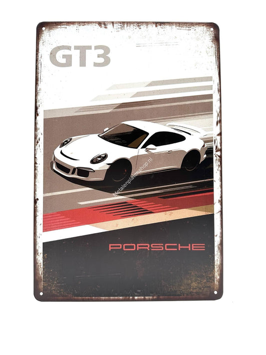 Metalen Wandbord - Porsche GT3 - Auto - Wit