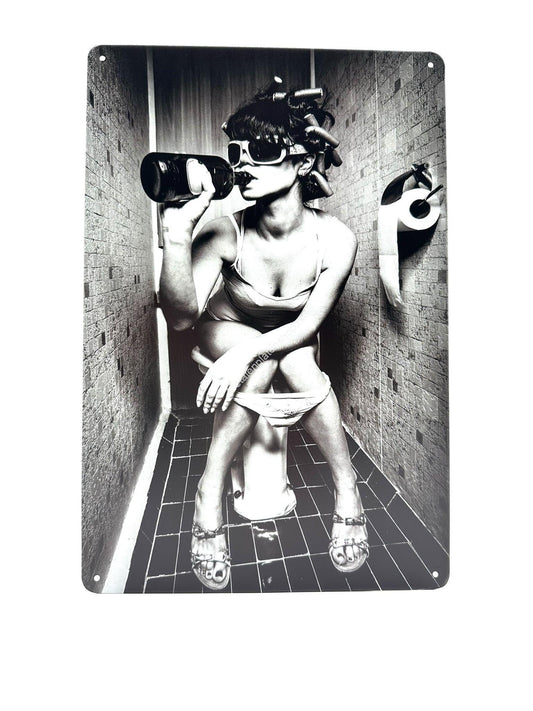 Metal Wall Sign - Woman Drinking on Toilet