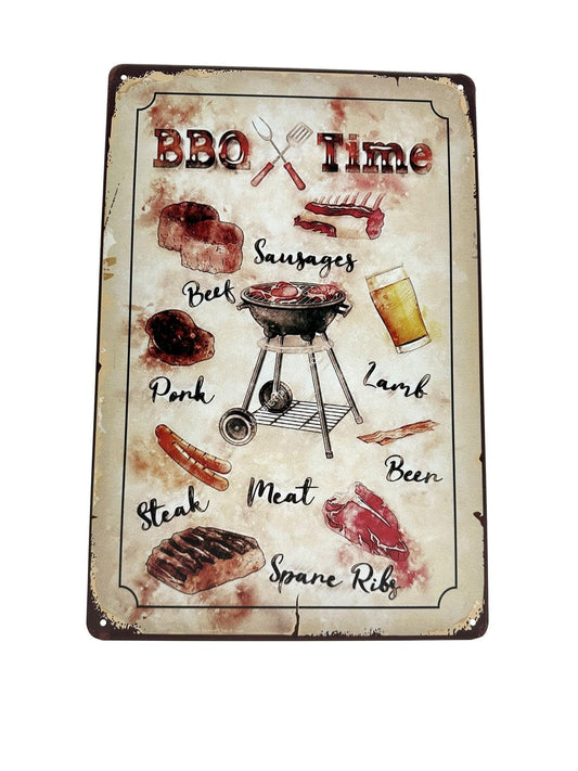 Metalen Wandbord - BBQ Time - Beef - Sausages - Beer