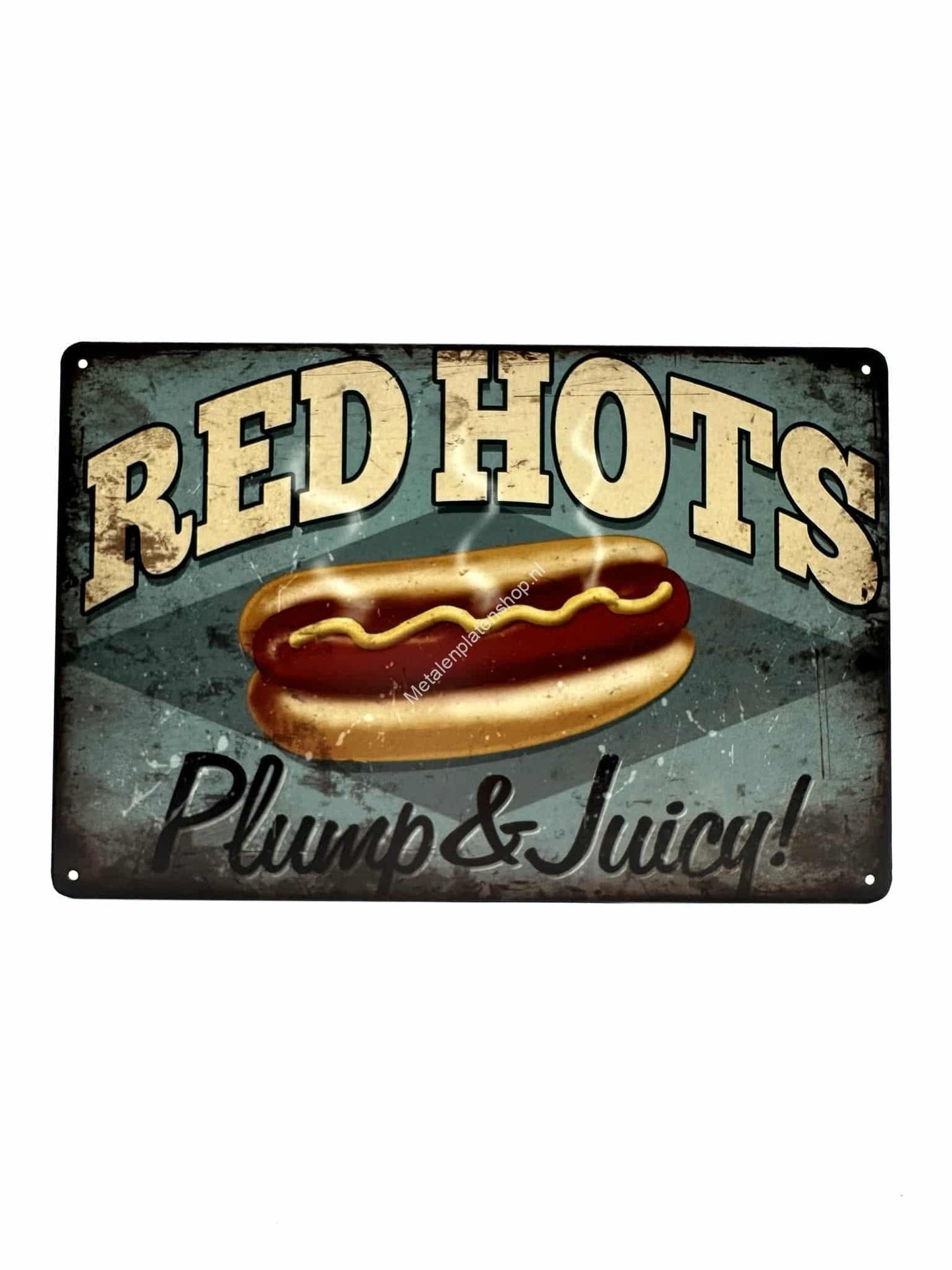 Wandschild aus Metall – Red Hots – Plump &amp; Juicy – ​​Hot Dogs