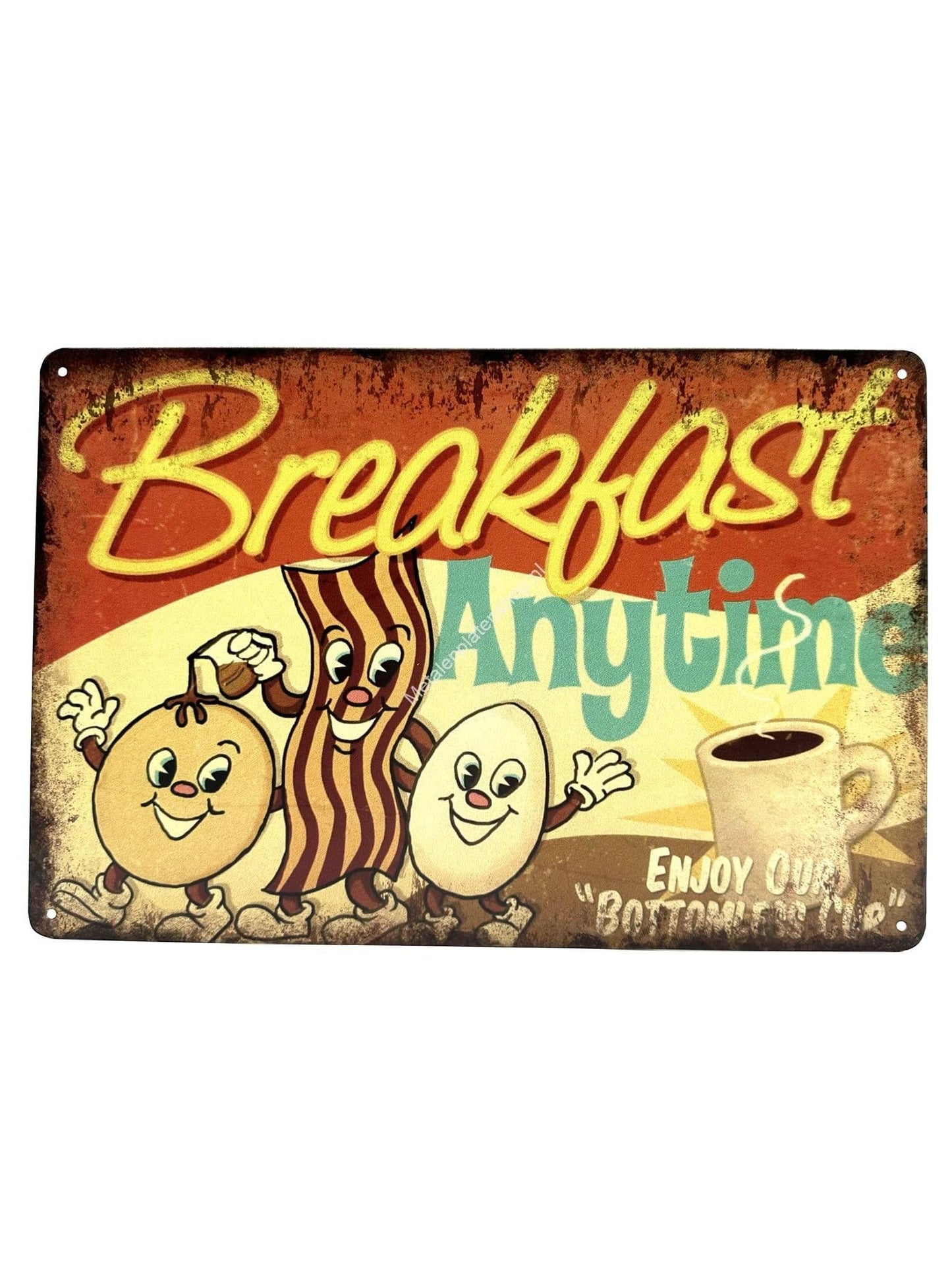 Wandschild aus Metall – „Breakfast Anytime“ – Genießen Sie unsere bodenlose Tasse