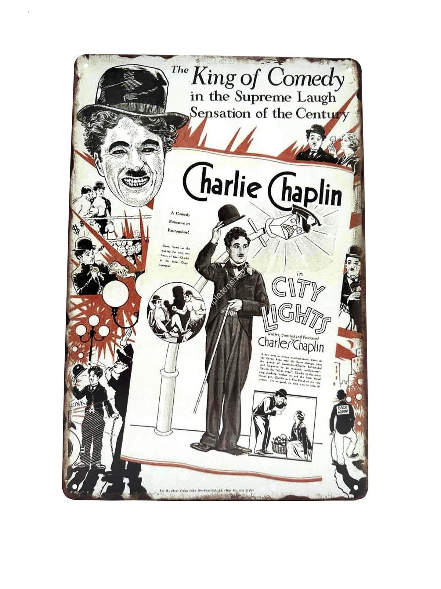 Metalen Wandbord - Charlie Chaplin - The King of Comedy