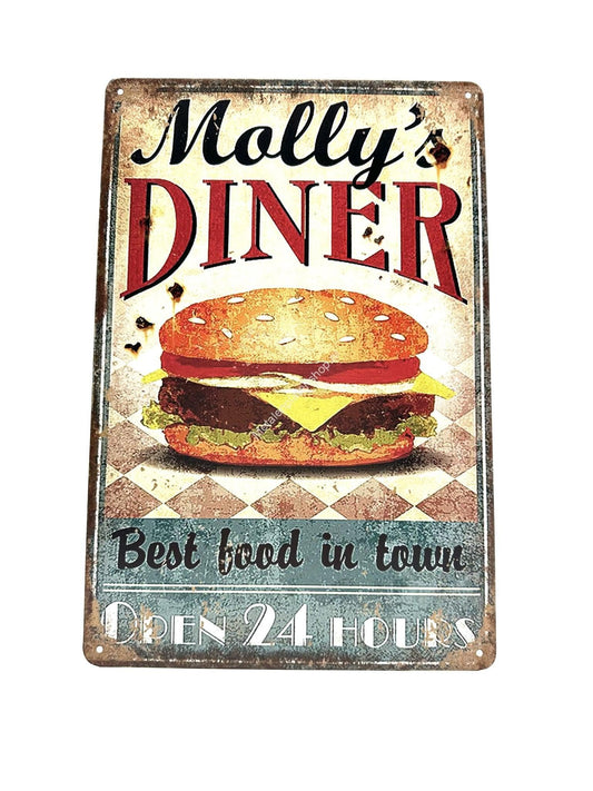 Wandschild aus Metall – Molly's Diner – Bestes Essen in der Stadt – 24 Stunden geöffnet