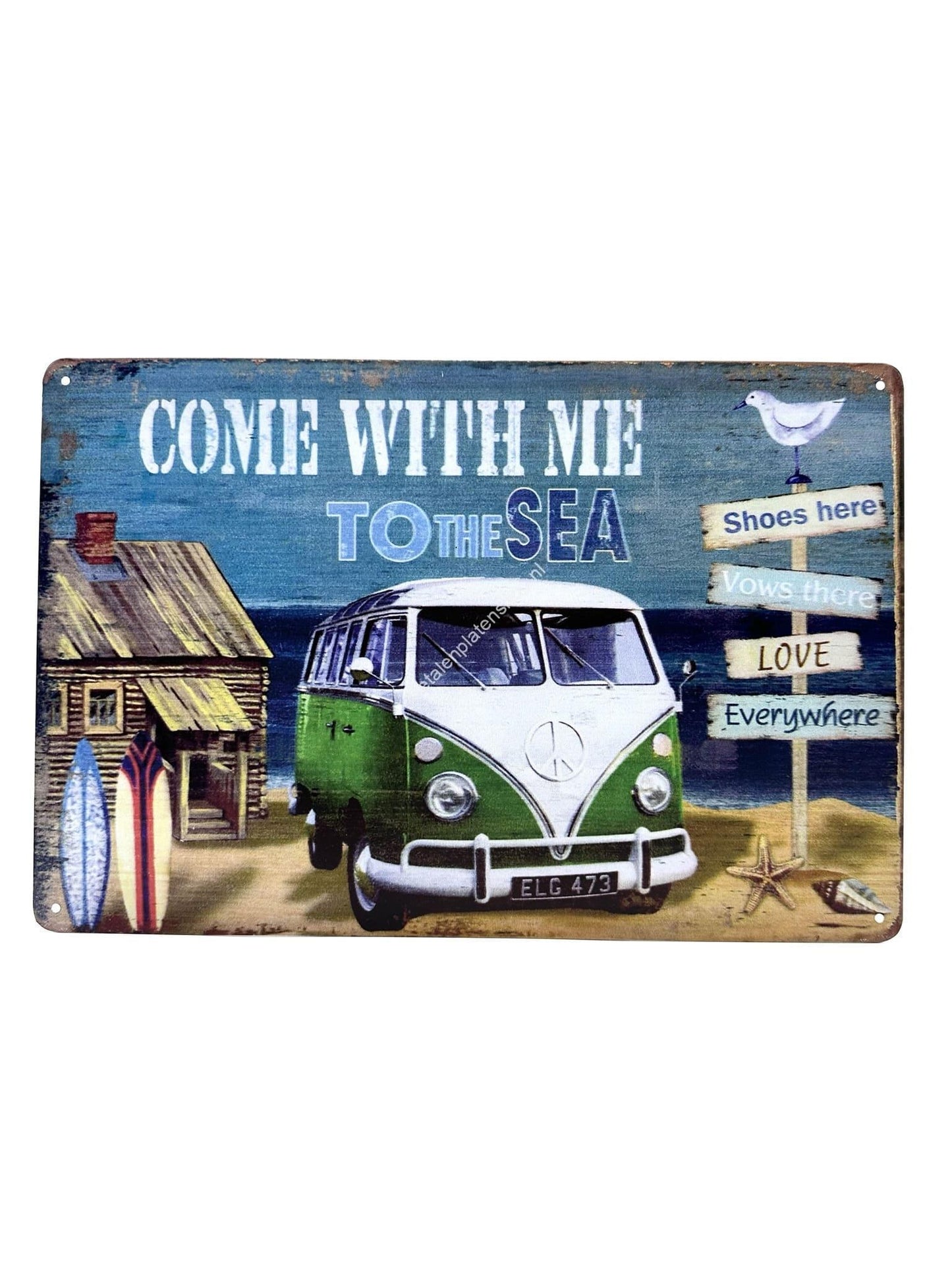 Metalen Wandbord - Come with me to the sea - Volkswagen Busje