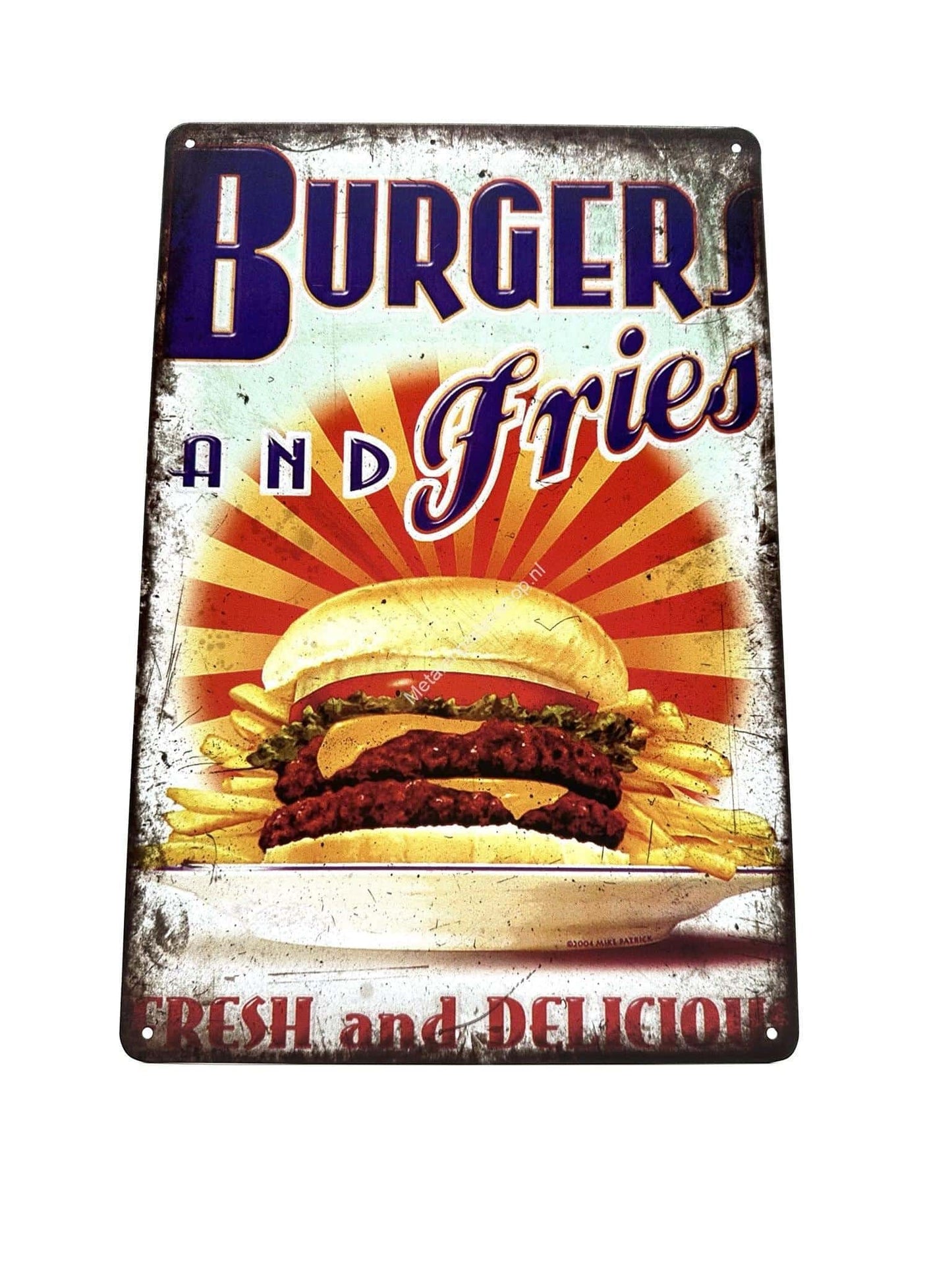 Metal Wall Sign - Burger and Fries - Fresh and Delicious