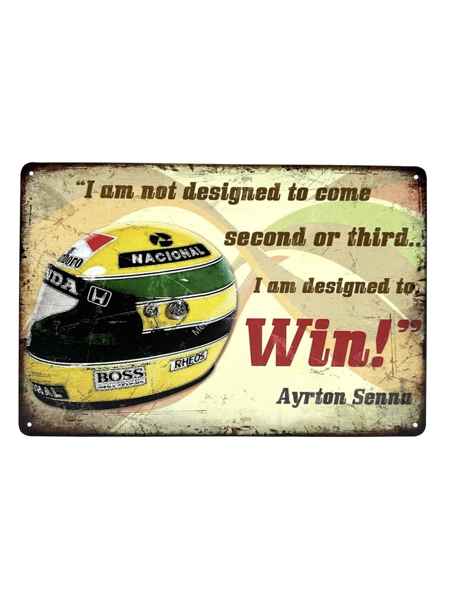 Wandschild aus Metall – „I am designed to win“ – Ayrton Senna