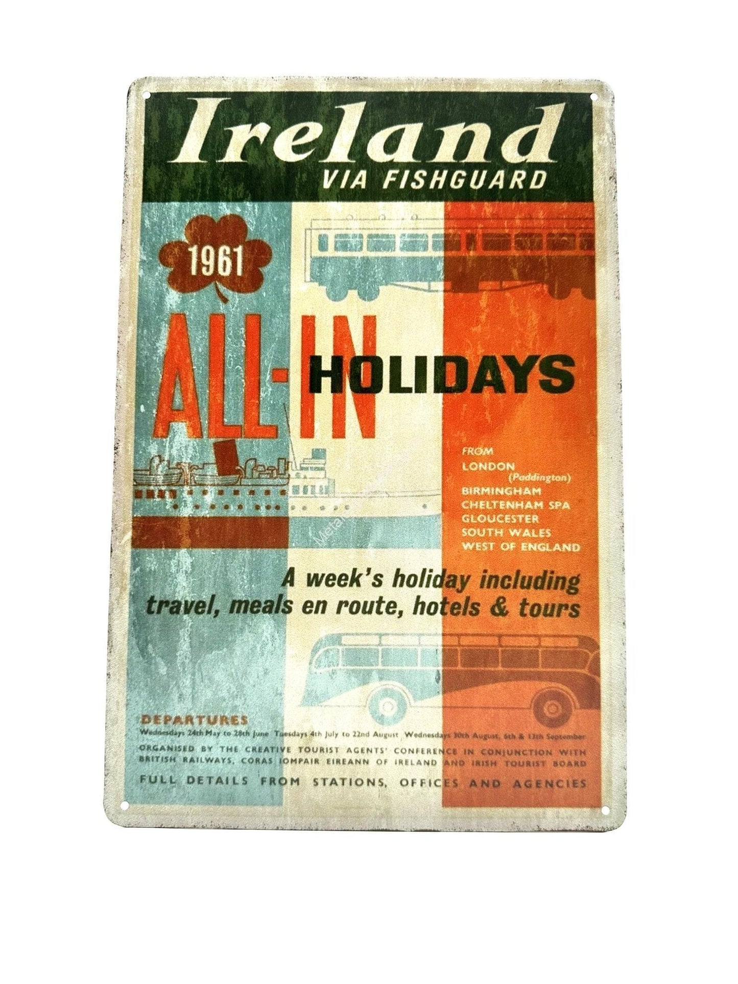 Metalen Wandbord - Ireland via Fishguard - 1961 - All-in Holidays