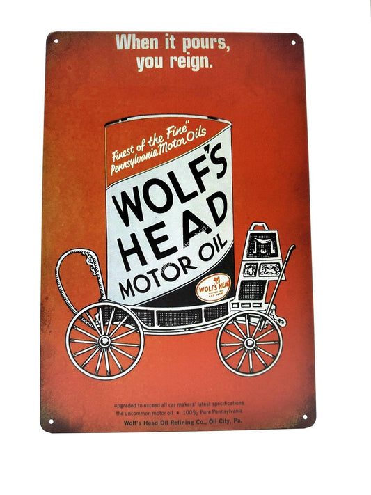 Wandschild aus Metall – Wolfskopf-Motoröl