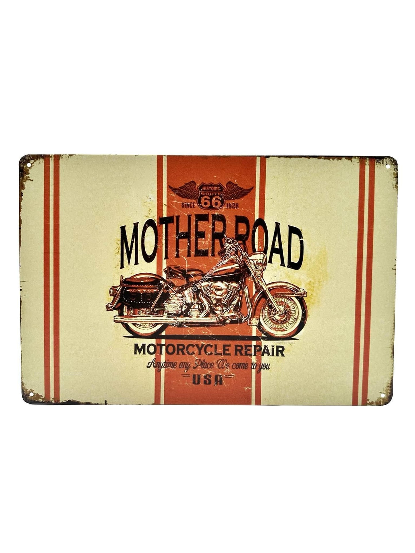 Wandschild aus Metall – Mother Road – Motorradreparatur