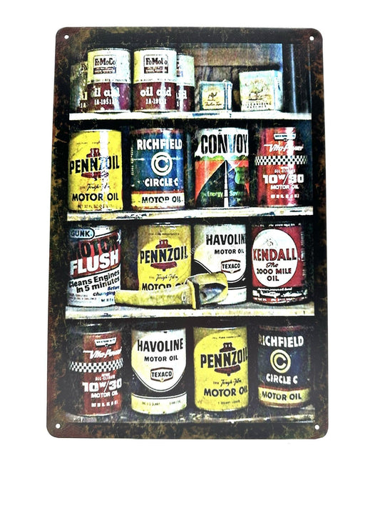 Metal Wall Sign - Oil Cans in cupboard