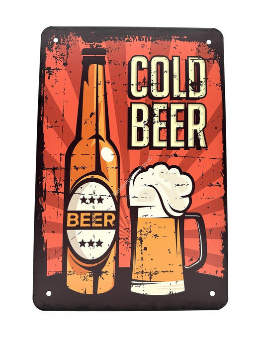 Metal Wall Sign - Cold Beer - Beer - Bottle - Glass