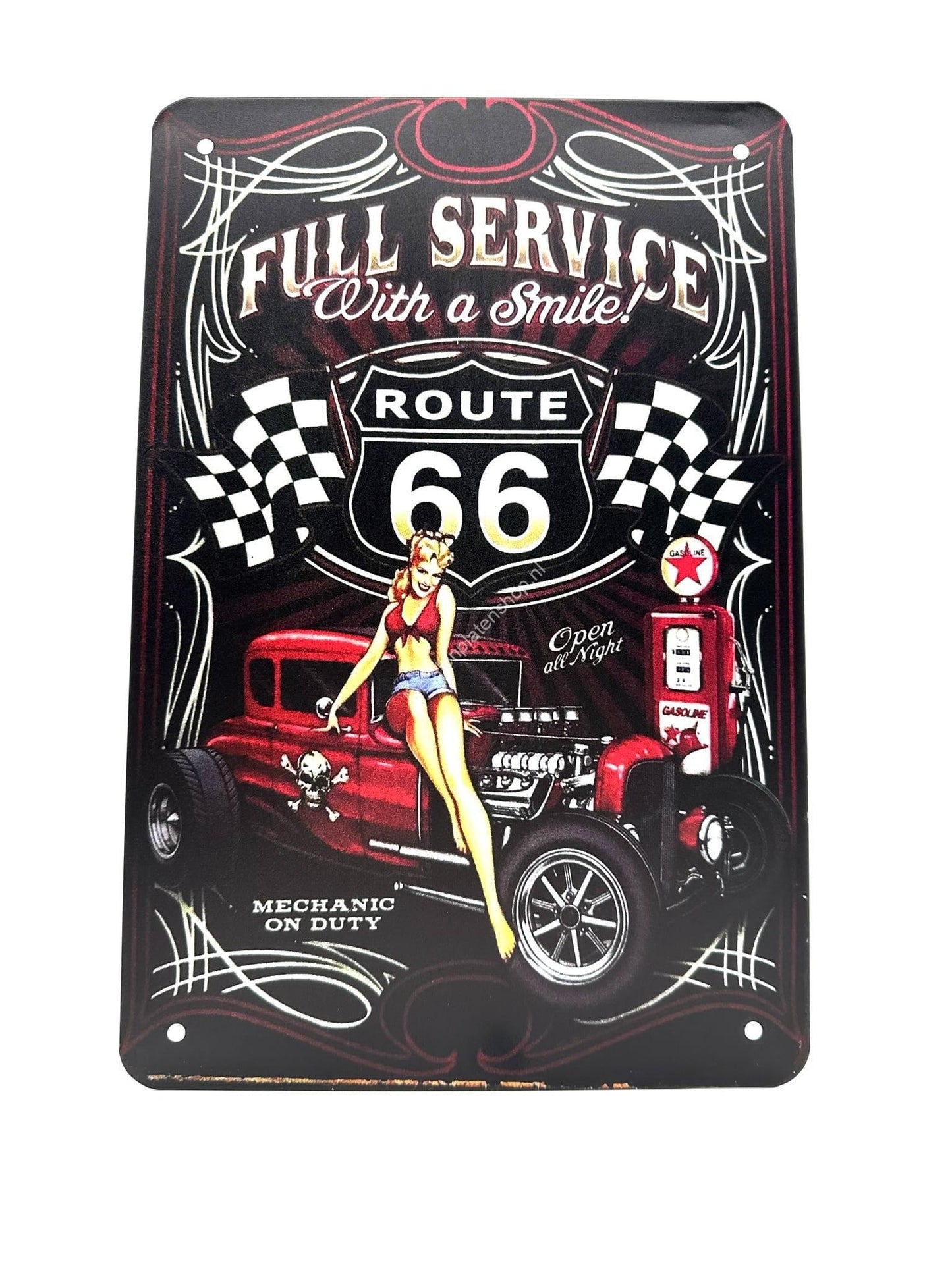 Wandschild aus Metall – Full Service – With a Smile – Route 66