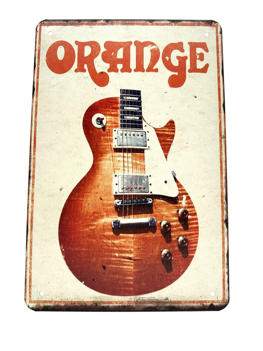 Metal Wall Sign - Orange - Guitar