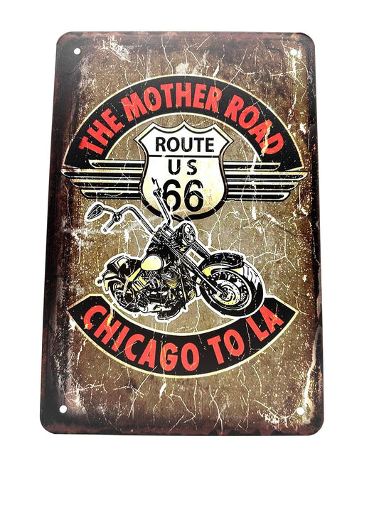 Wandschild aus Metall – The Mother Road – Chicago nach LA – Route 66 – Motorräder