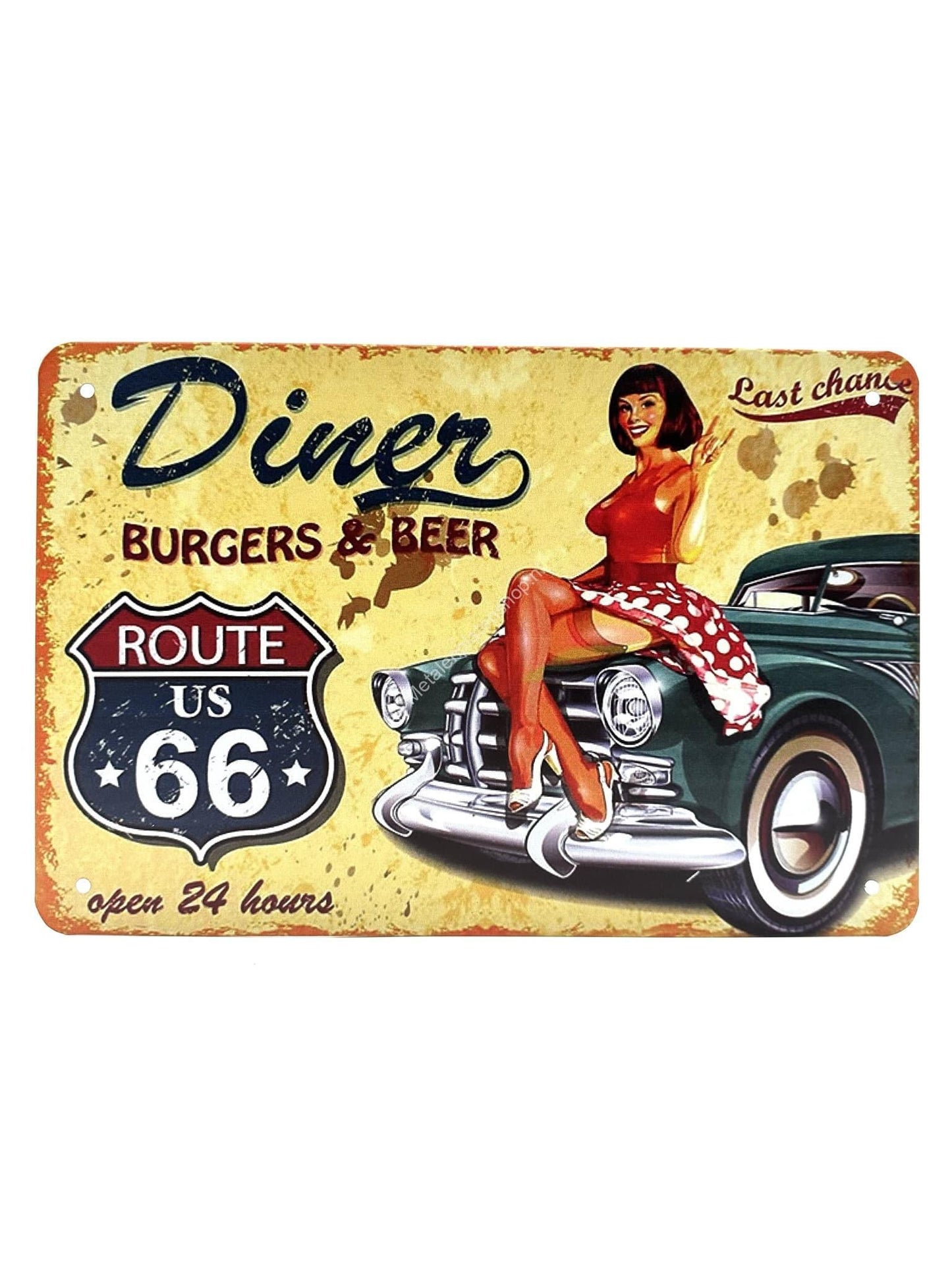 Metallwandschild - Abendessen - Burger &amp; Bier - Route 66