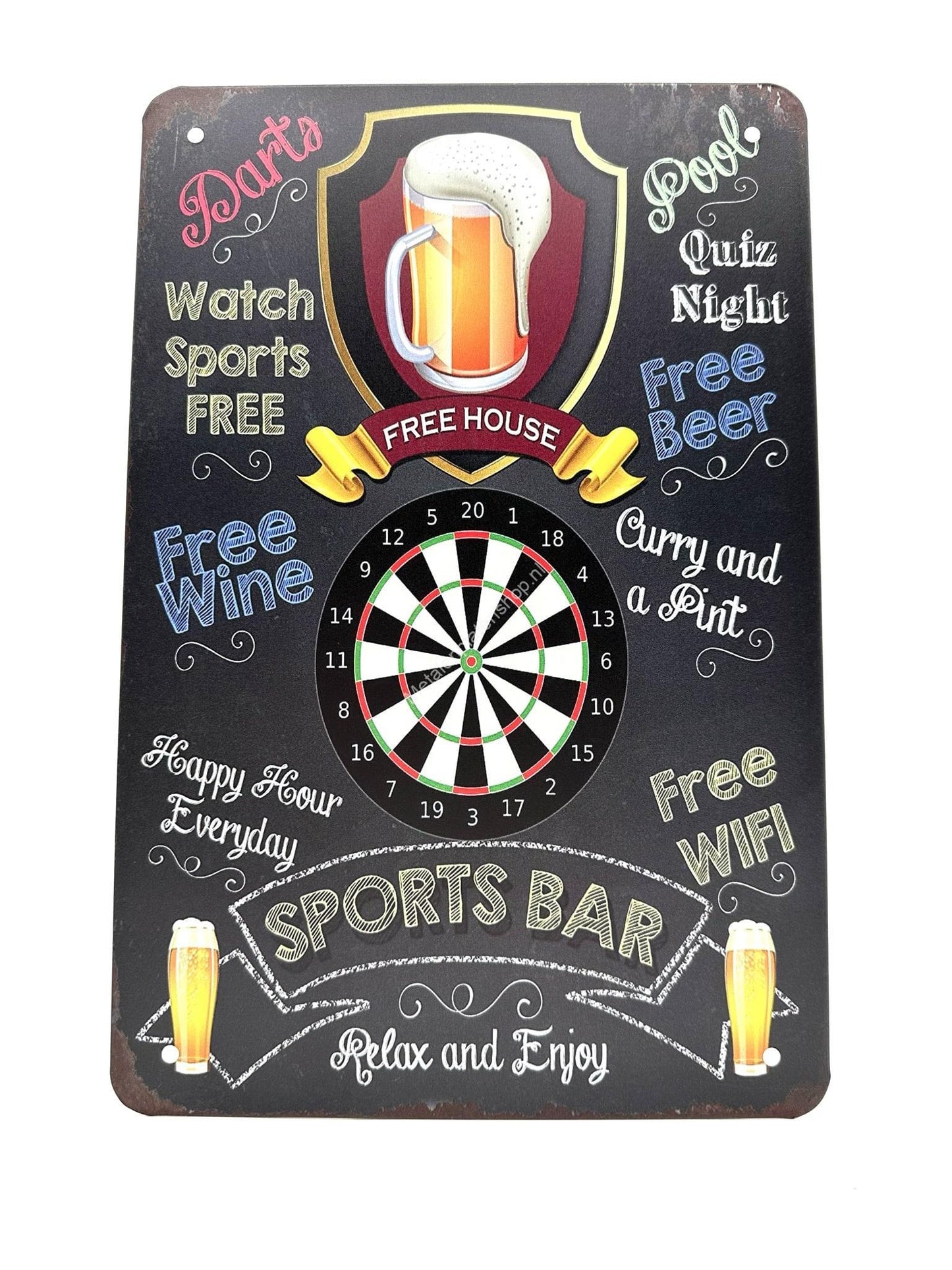 Wandschild aus Metall – Bier – Darts – Darts – Sportbar – Entspannen und genießen