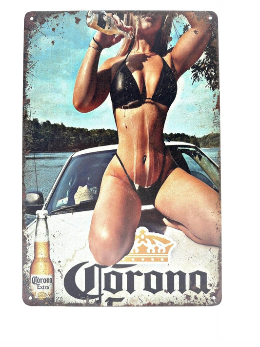 Metal Wall Sign - Corona Extra - Woman on car