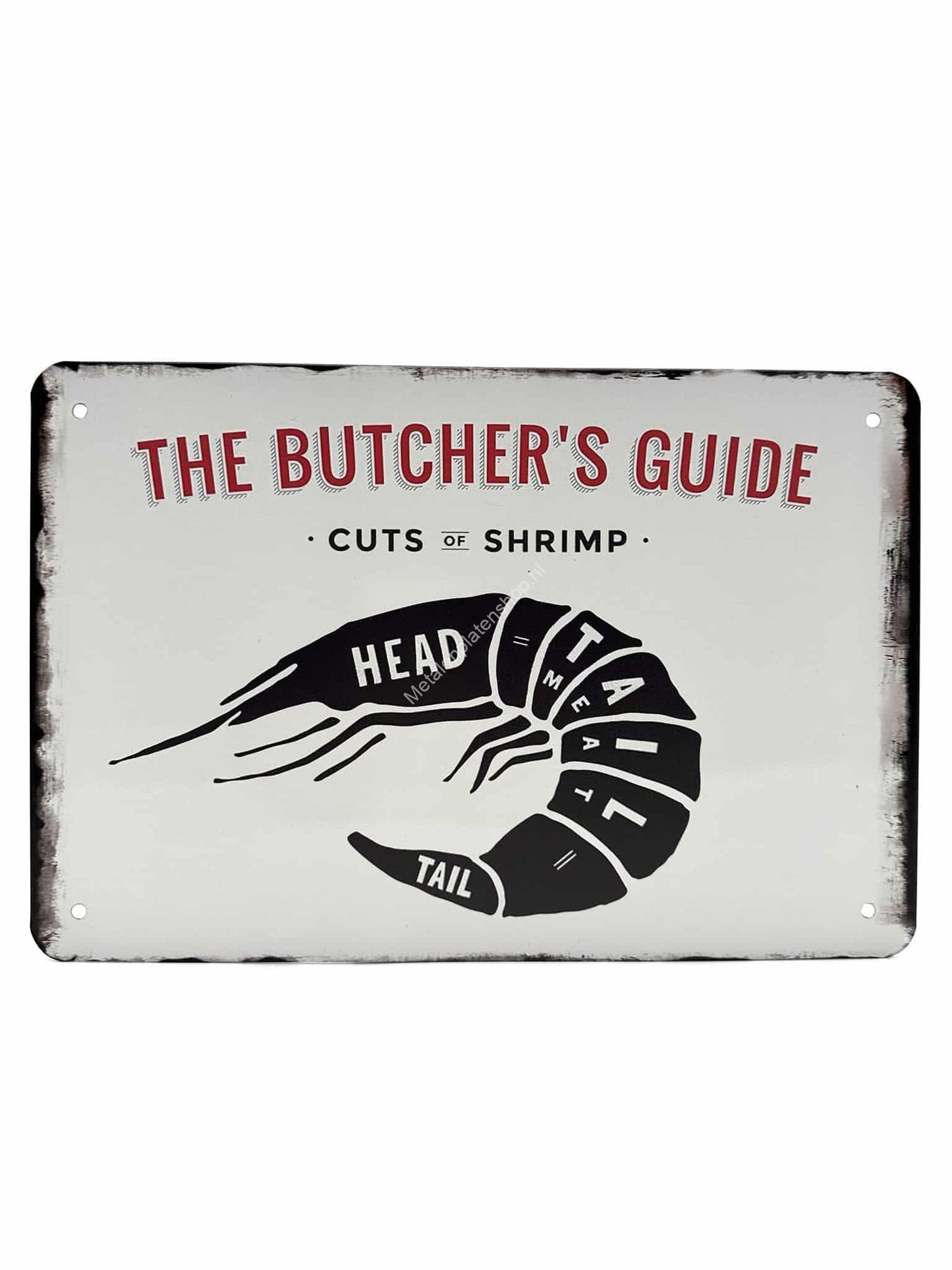 Metalen Wandbord - The Butcher's Guide - Cuts of Shrimp - Garnalen