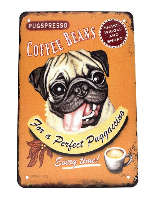 Metal Wall Sign - Pug - Coffee Beans