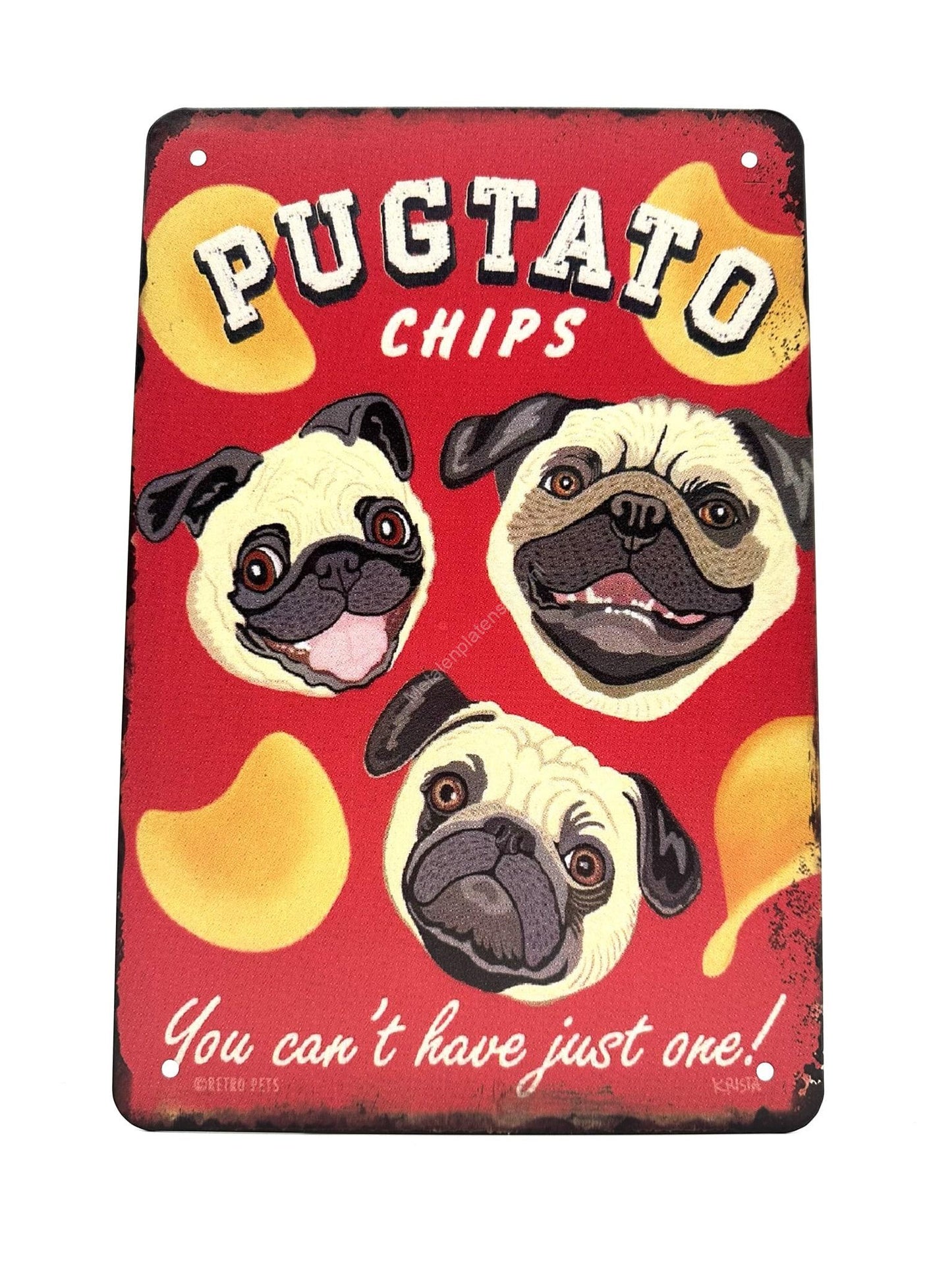 Wandschild aus Metall – Mops – Pugtato Chips