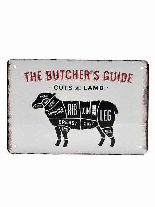 Wandschild aus Metall – The Butchers Guide – Lammstücke