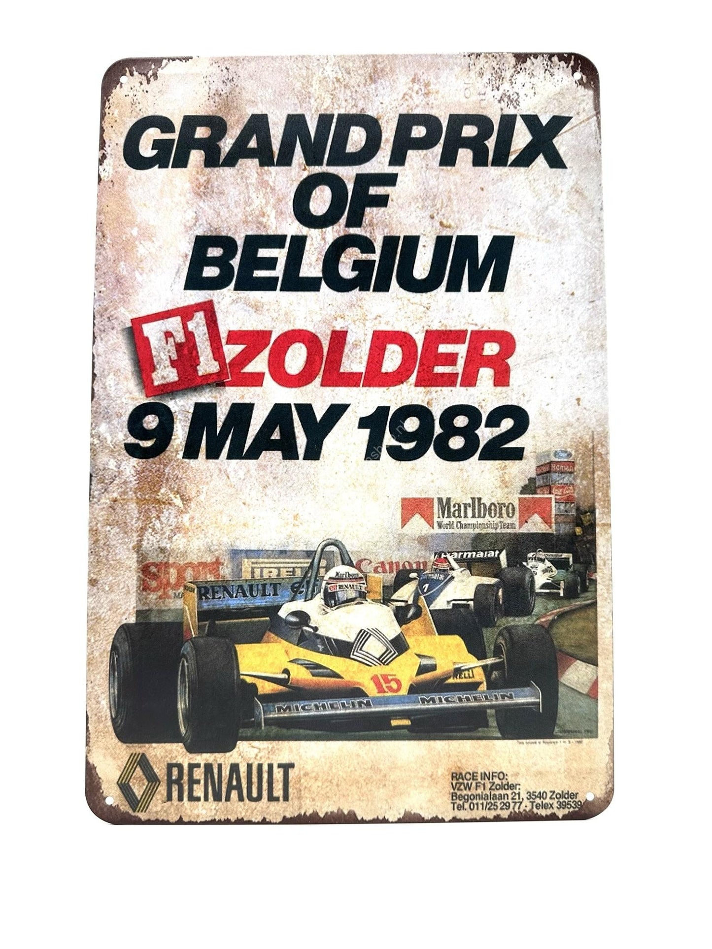 Metalen Wandbord - Grand Prix of Belgium - F1 Zolder - 9 mei 1982 - Renault