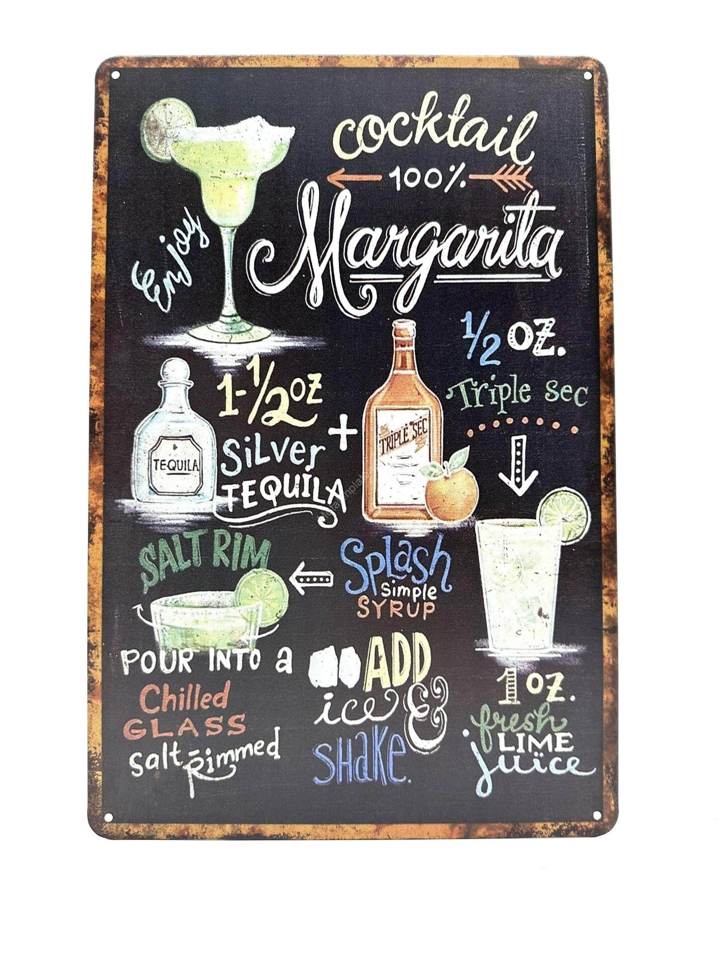 Metal Wall Sign - Chalkboard - Cocktail - 100% Margarita