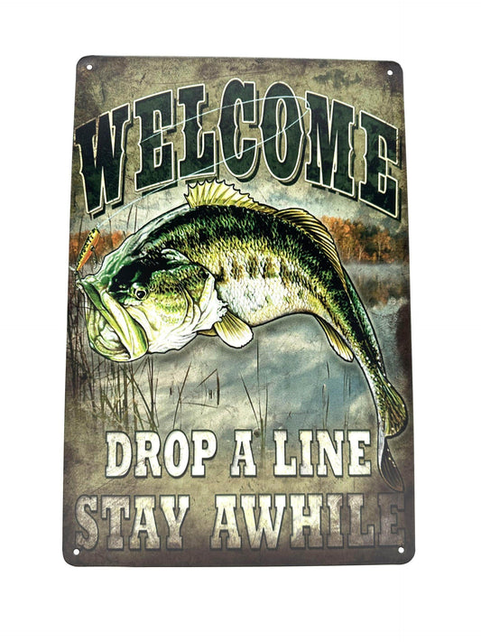 Metal Wall Sign - Welcome - Drop a line stay awhile