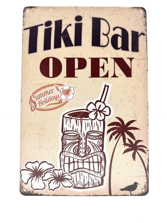 Wandschild aus Metall – Tiki-Bar geöffnet