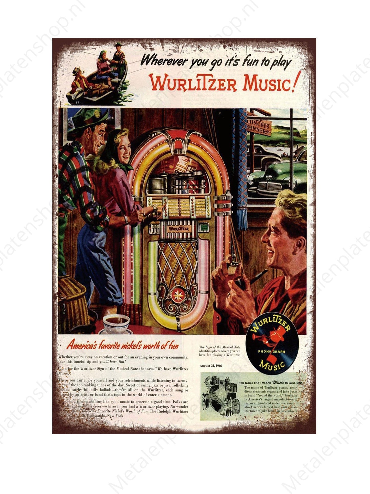 Metalen Wandbord - Wurlitzer Music - Wherever you go it's fun to play